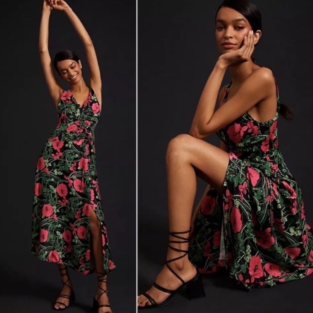 Anthropologie Maeve Tropical Hibiscus Floral Black Ruched Midi Dress New Size 10